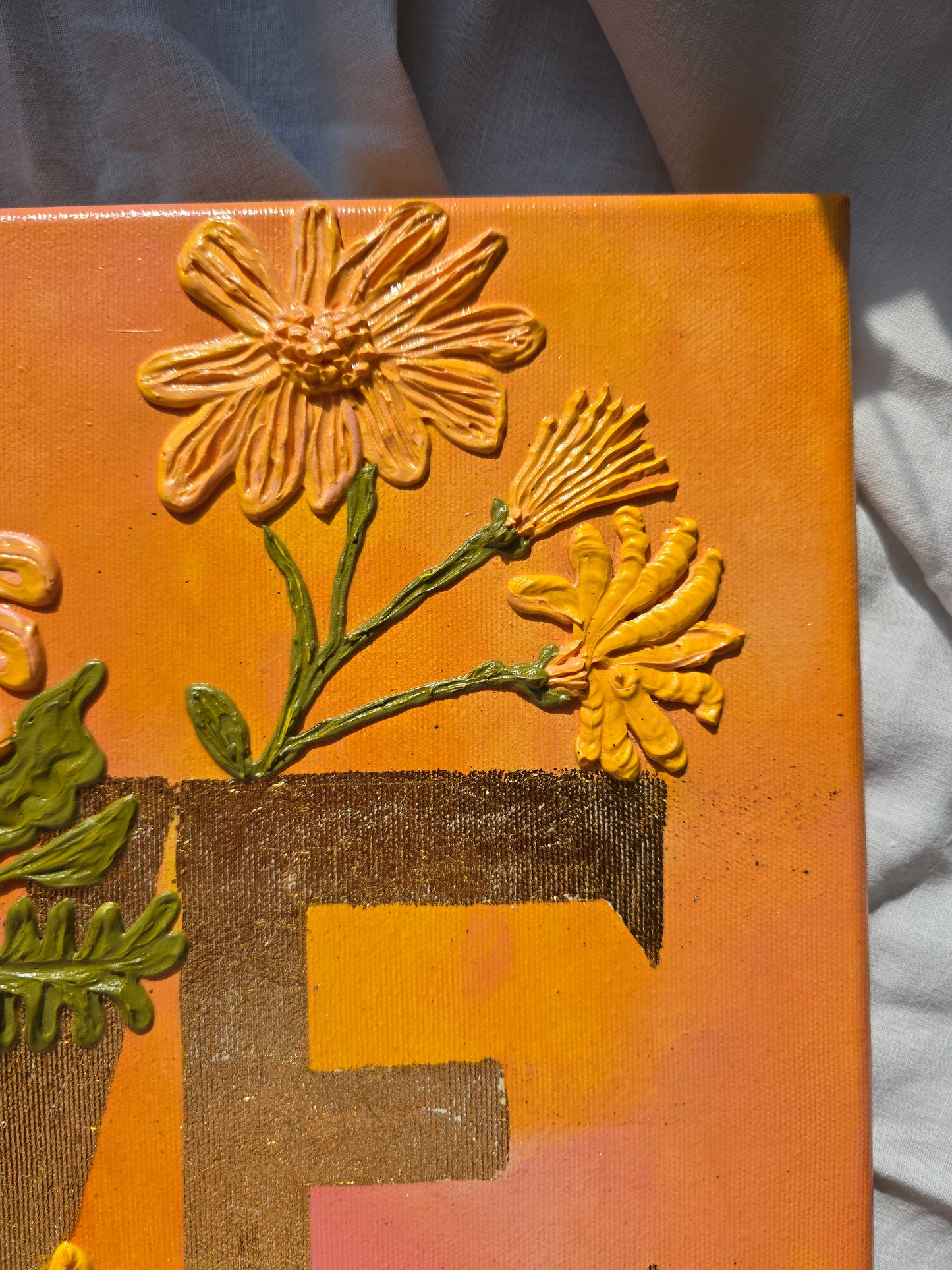 Gold 'Love' Acrylic Painting with 3D Flowers (40x50cm)
