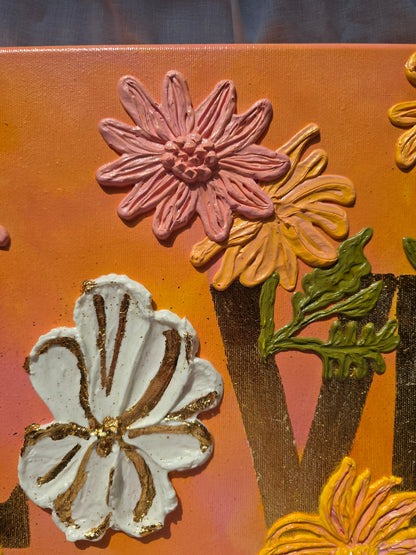Gold 'Love' Acrylic Painting with 3D Flowers (40x50cm)
