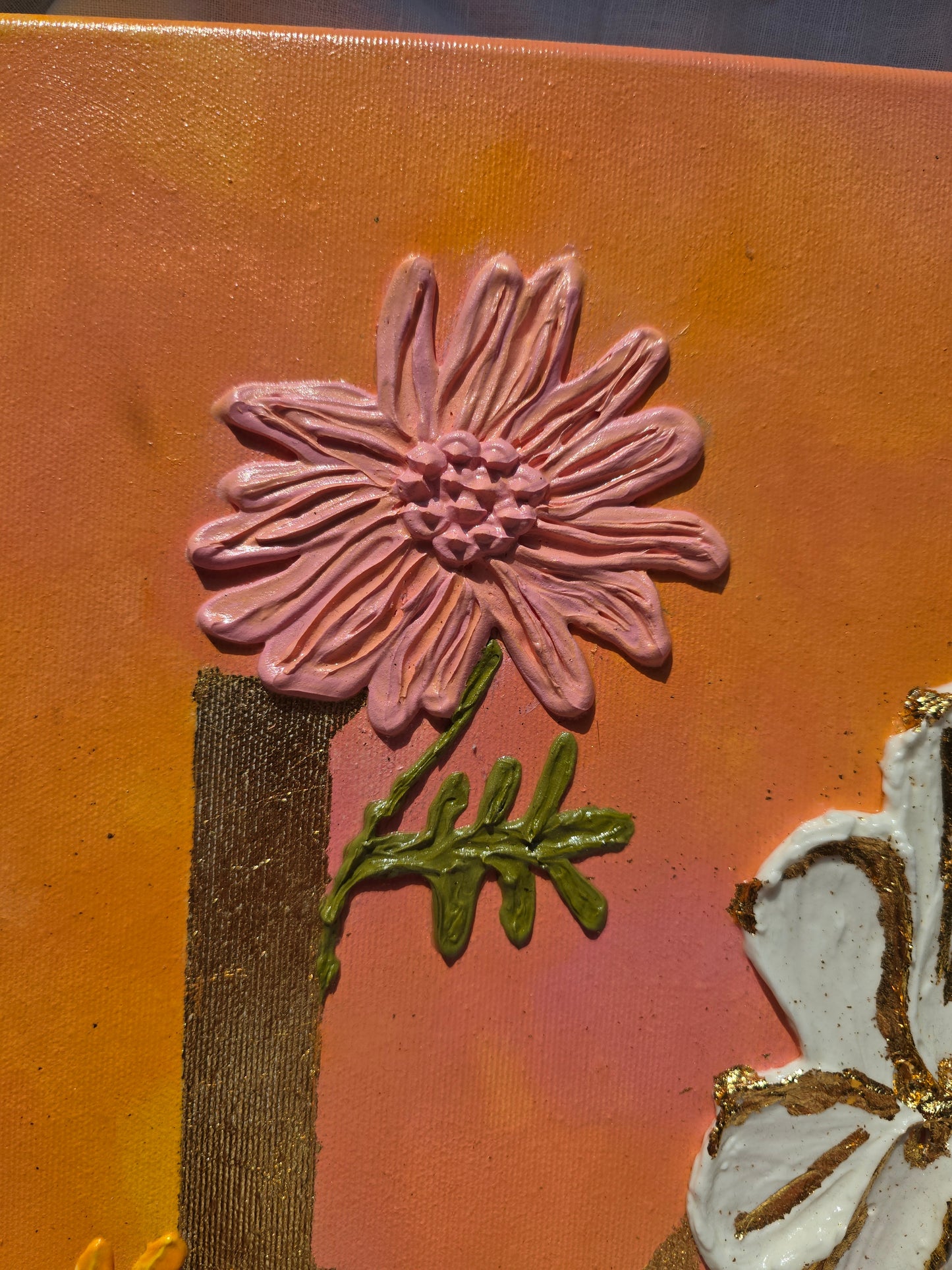 Gold 'Love' Acrylic Painting with 3D Flowers (40x50cm)