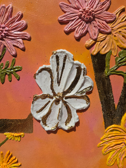 Gold 'Love' Acrylic Painting with 3D Flowers (40x50cm)