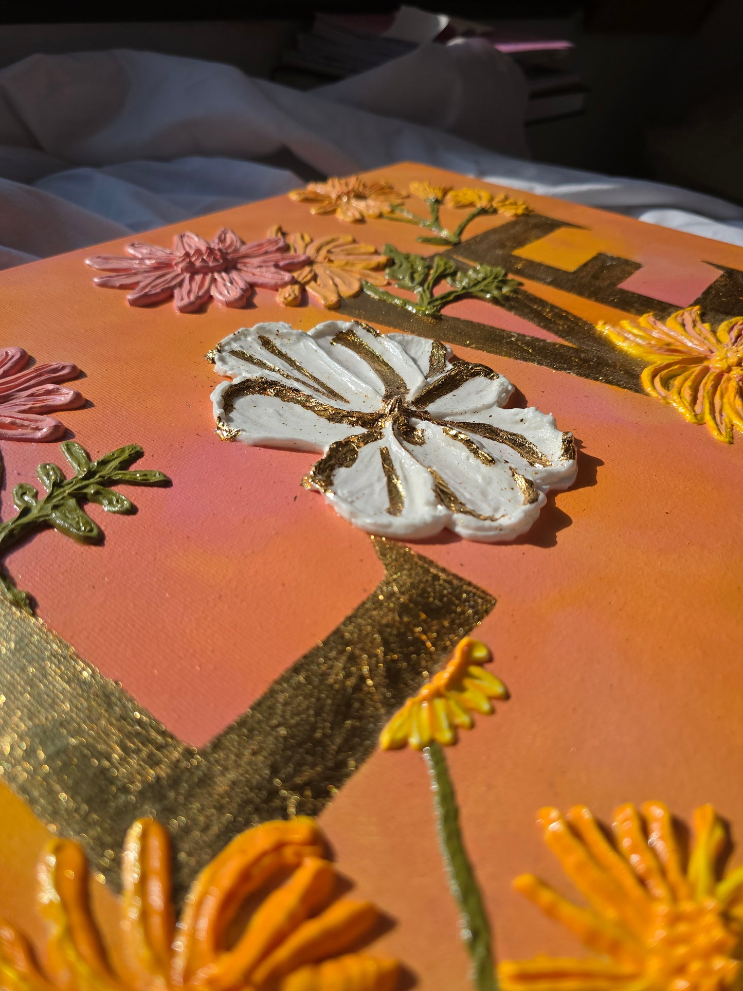 Gold 'Love' Acrylic Painting with 3D Flowers (40x50cm)