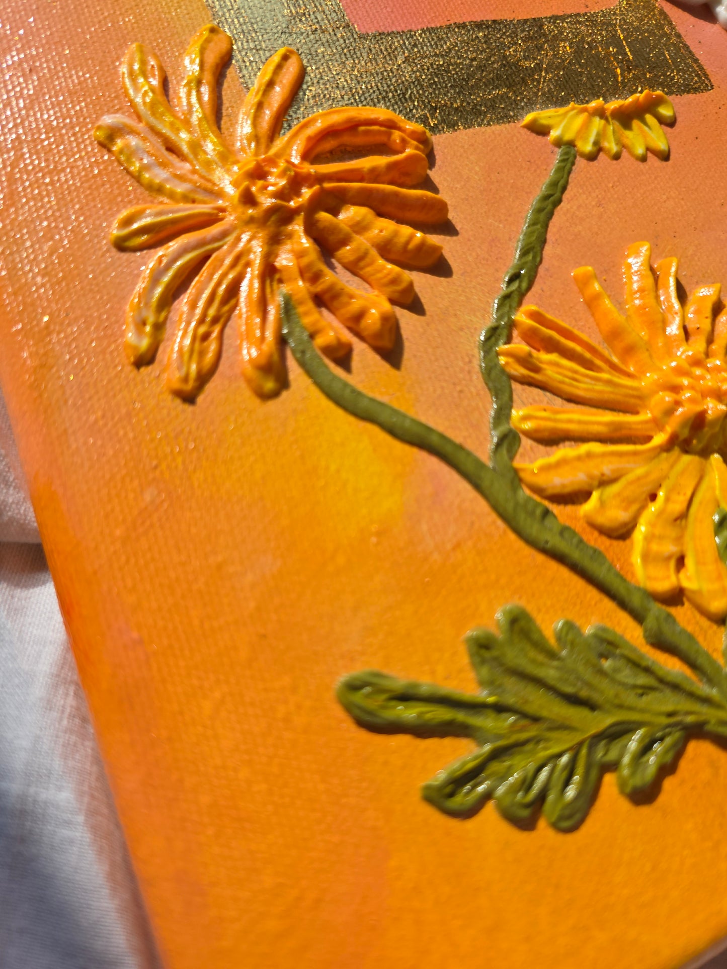 Gold 'Love' Acrylic Painting with 3D Flowers (40x50cm)