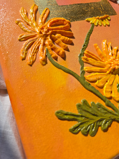 Gold 'Love' Acrylic Painting with 3D Flowers (40x50cm)