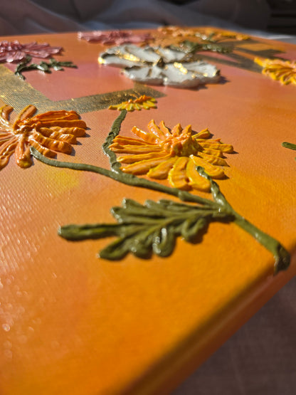 Gold 'Love' Acrylic Painting with 3D Flowers (40x50cm)