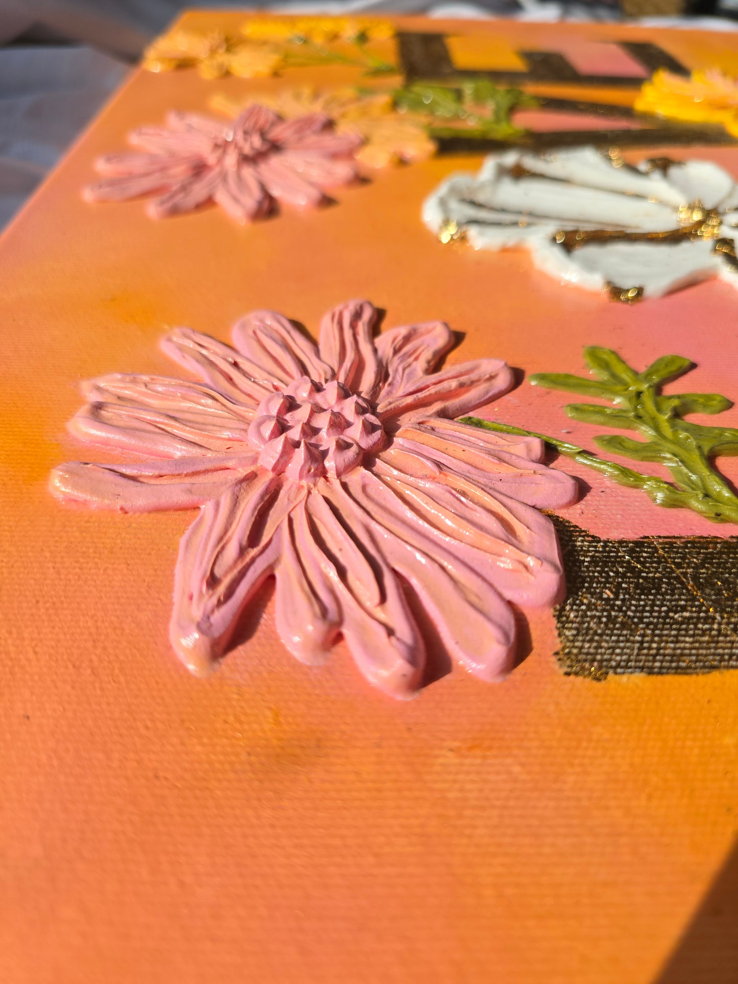 Gold 'Love' Acrylic Painting with 3D Flowers (40x50cm)