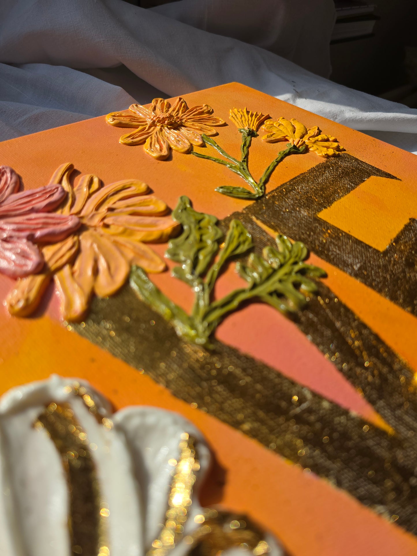 Gold 'Love' Acrylic Painting with 3D Flowers (40x50cm)