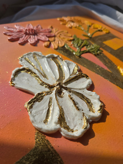 Gold 'Love' Acrylic Painting with 3D Flowers (40x50cm)