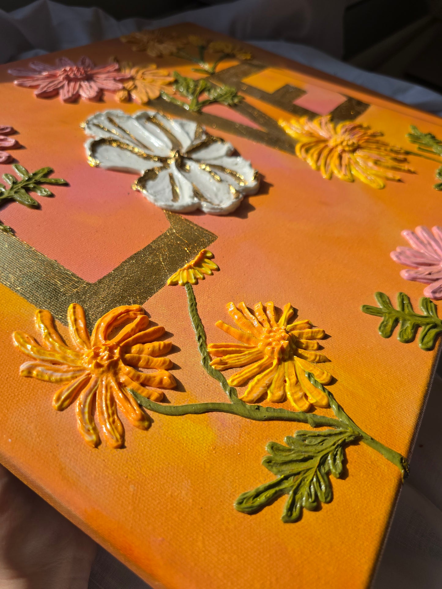 Gold 'Love' Acrylic Painting with 3D Flowers (40x50cm)
