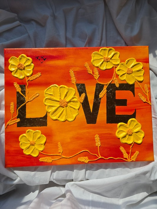 Original Acrylic 'Love' Painting: 3D Yellow Flowers, Gold Sunset (40x50cm)
