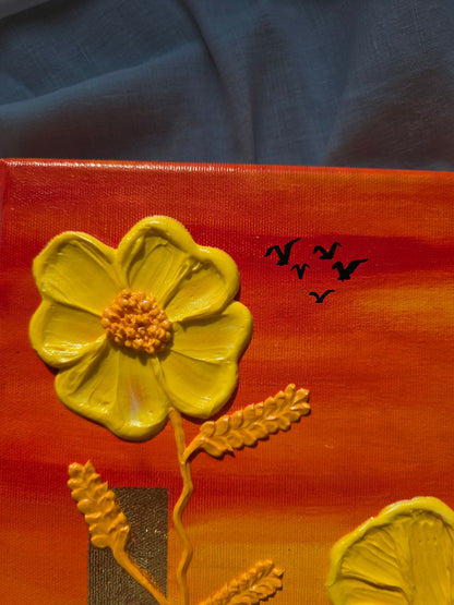 Original Acrylic 'Love' Painting: 3D Yellow Flowers, Gold Sunset (40x50cm)