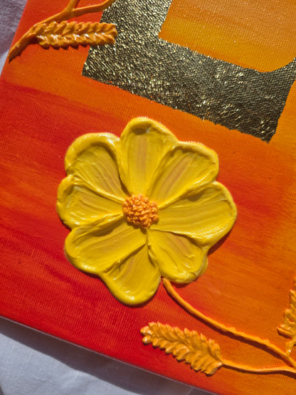 Original Acrylic 'Love' Painting: 3D Yellow Flowers, Gold Sunset (40x50cm)