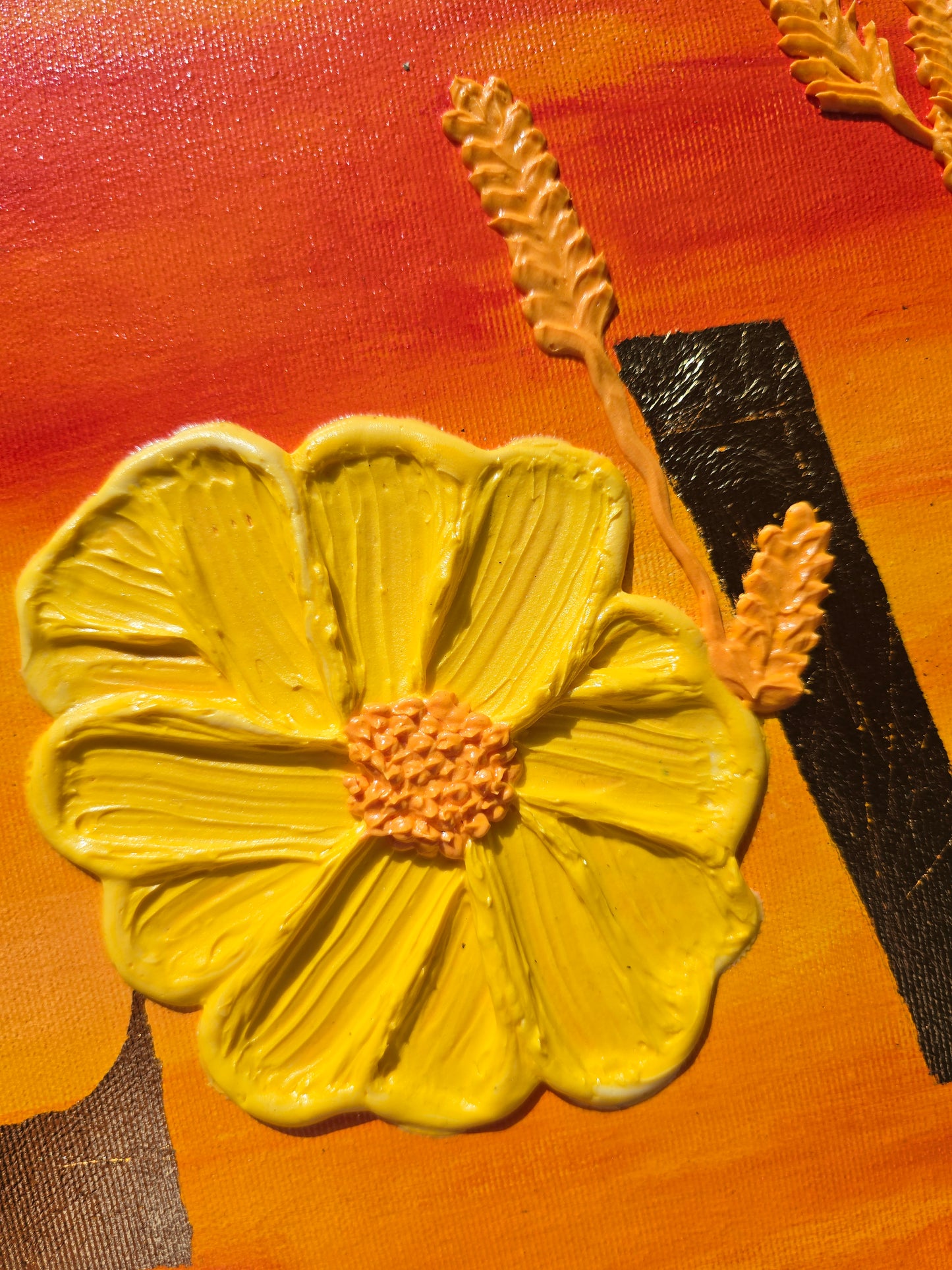Original Acrylic 'Love' Painting: 3D Yellow Flowers, Gold Sunset (40x50cm)