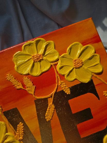 Original Acrylic 'Love' Painting: 3D Yellow Flowers, Gold Sunset (40x50cm)