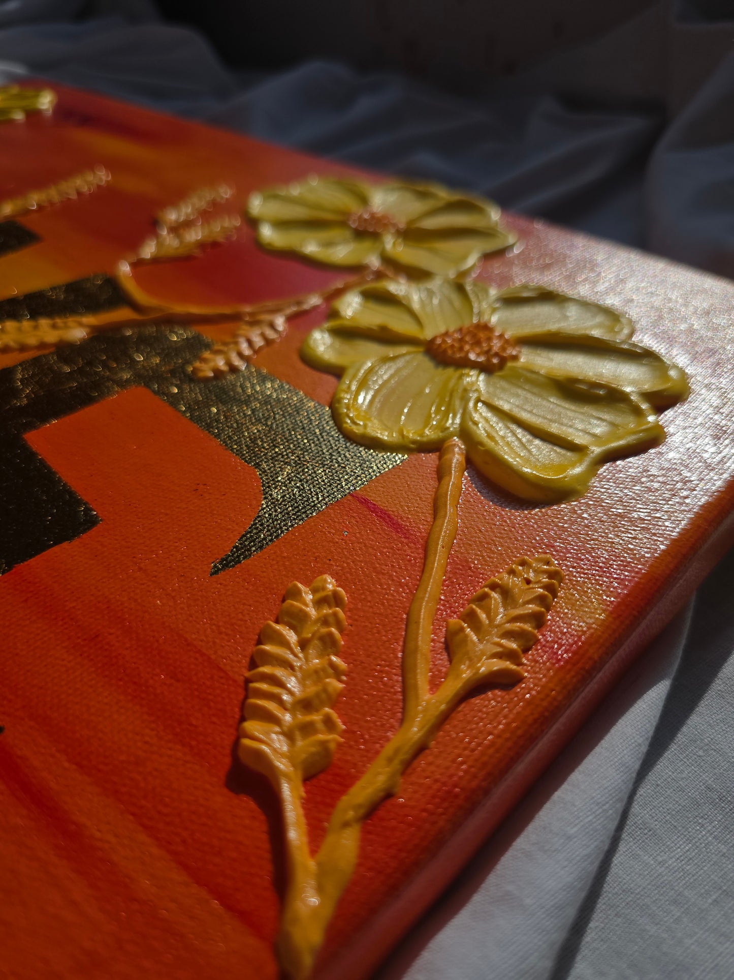 Original Acrylic 'Love' Painting: 3D Yellow Flowers, Gold Sunset (40x50cm)
