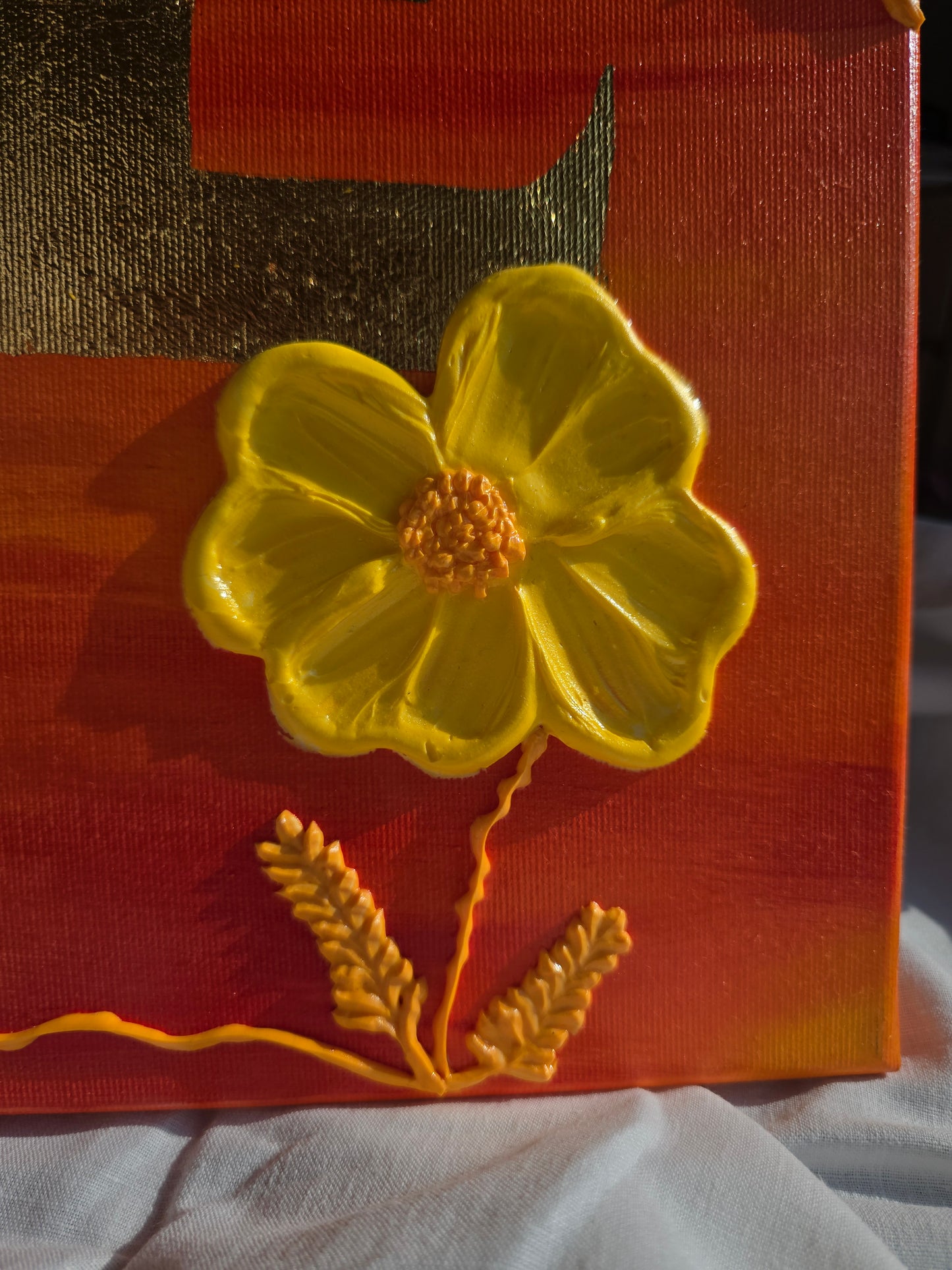 Original Acrylic 'Love' Painting: 3D Yellow Flowers, Gold Sunset (40x50cm)