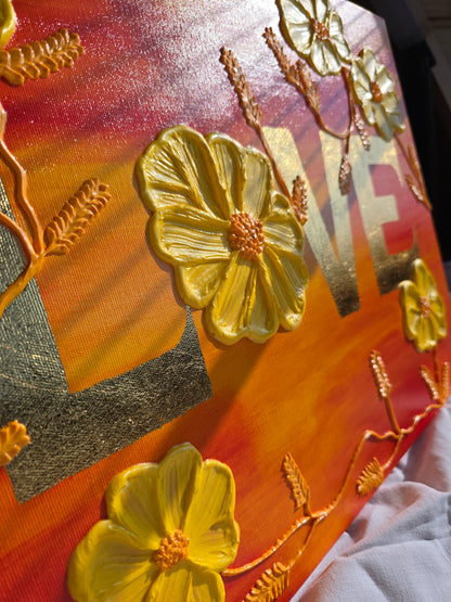 Original Acrylic 'Love' Painting: 3D Yellow Flowers, Gold Sunset (40x50cm)