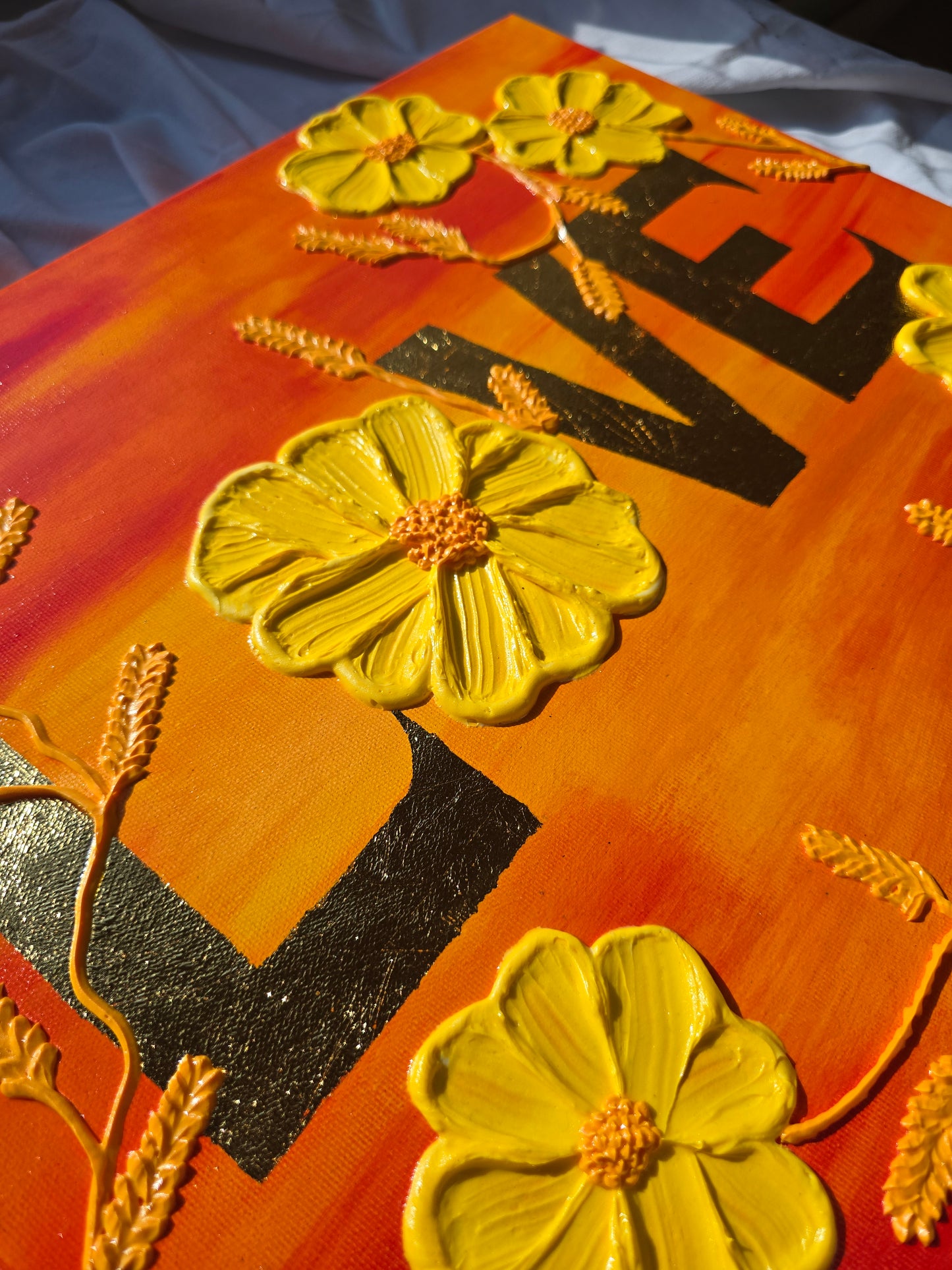 Original Acrylic 'Love' Painting: 3D Yellow Flowers, Gold Sunset (40x50cm)