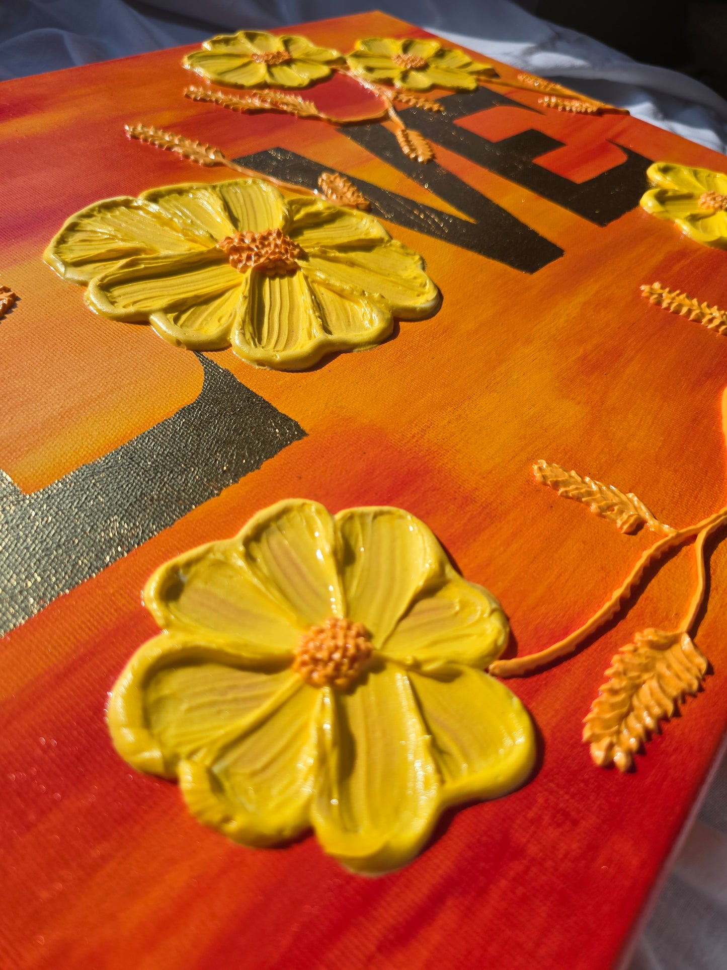Original Acrylic 'Love' Painting: 3D Yellow Flowers, Gold Sunset (40x50cm)