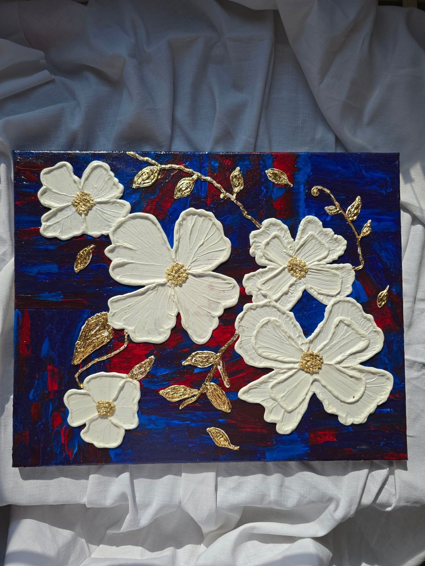 Textured White Flower Painting: Gold Leaf Accent, Blue Red Art (40x50cm)