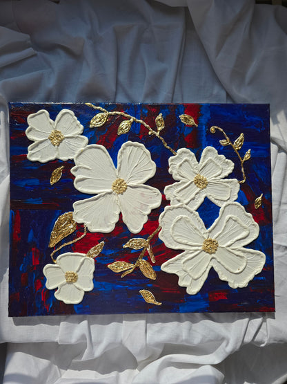 Textured White Flower Painting: Gold Leaf Accent, Blue Red Art (40x50cm)