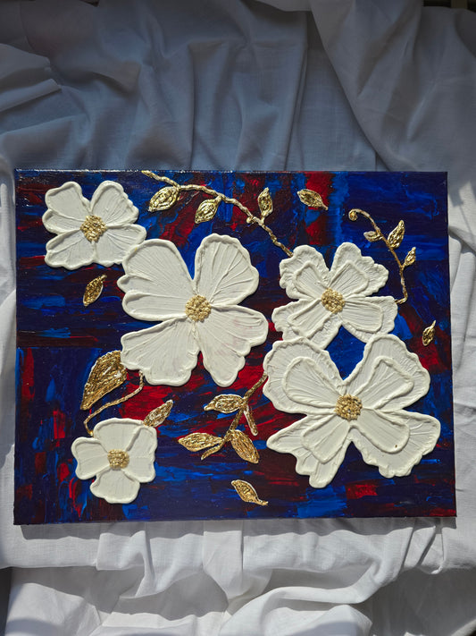 Textured White Flower Painting: Gold Leaf Accent, Blue Red Art (40x50cm)
