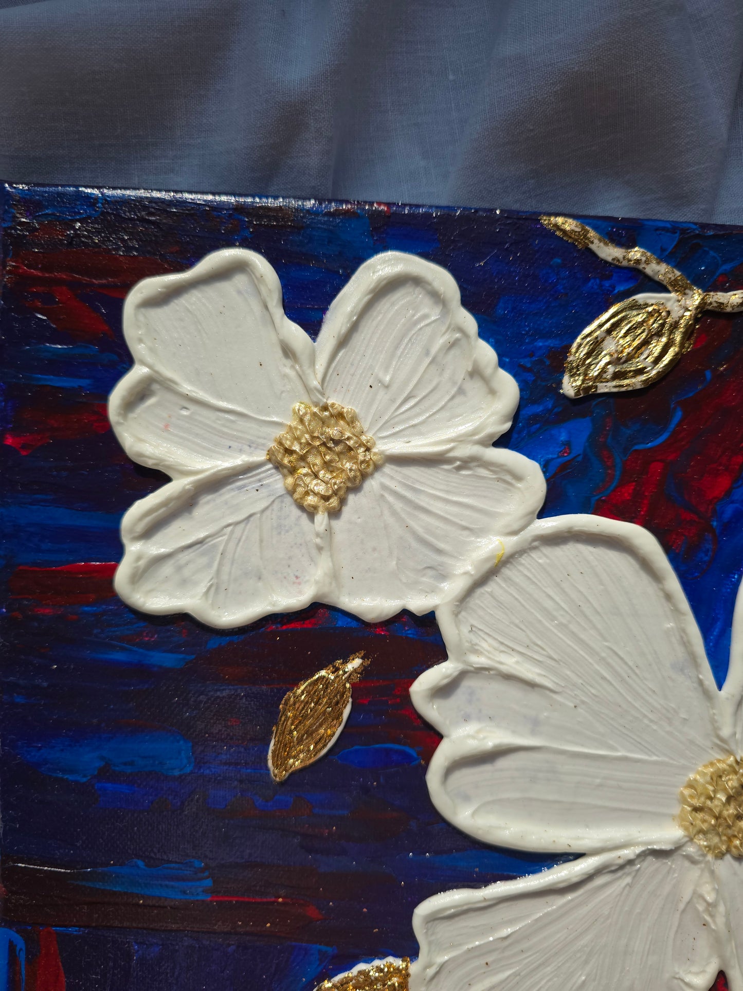 Textured White Flower Painting: Gold Leaf Accent, Blue Red Art (40x50cm)