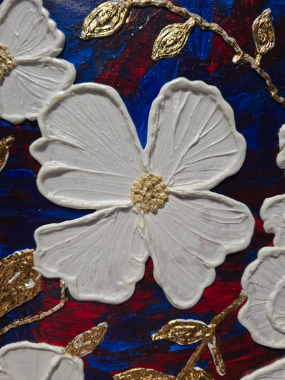 Textured White Flower Painting: Gold Leaf Accent, Blue Red Art (40x50cm)