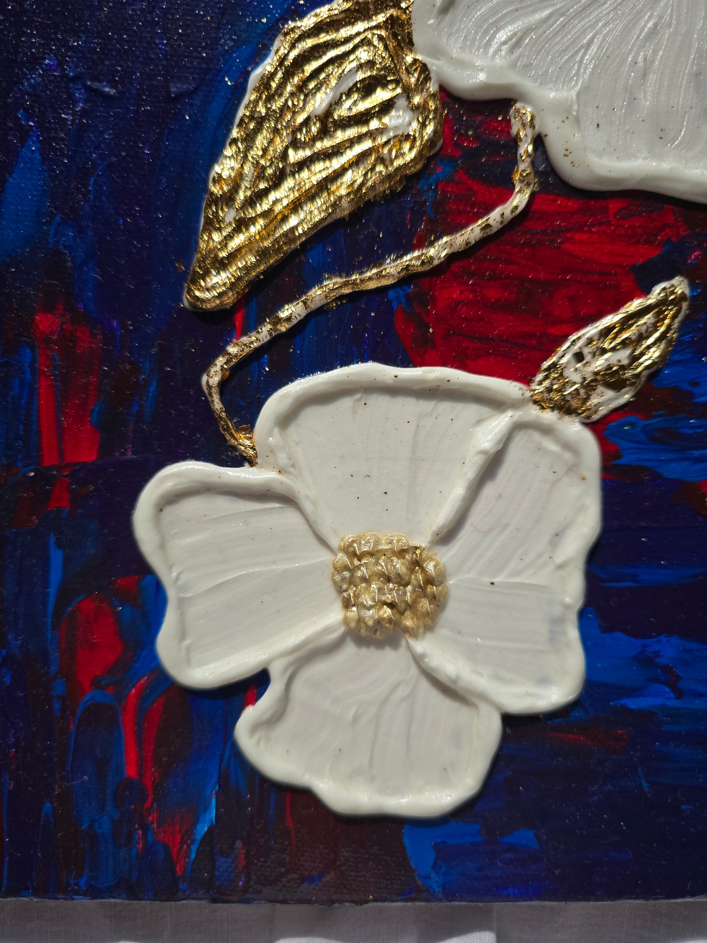 Textured White Flower Painting: Gold Leaf Accent, Blue Red Art (40x50cm)
