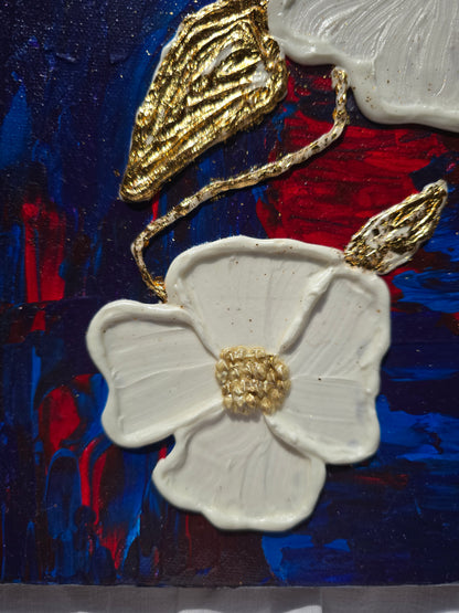 Textured White Flower Painting: Gold Leaf Accent, Blue Red Art (40x50cm)