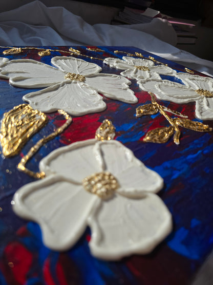 Textured White Flower Painting: Gold Leaf Accent, Blue Red Art (40x50cm)