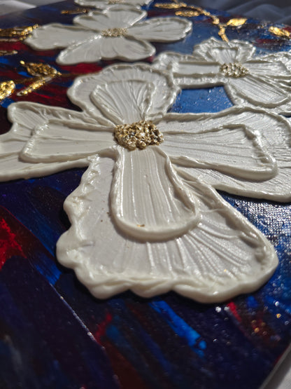 Textured White Flower Painting: Gold Leaf Accent, Blue Red Art (40x50cm)