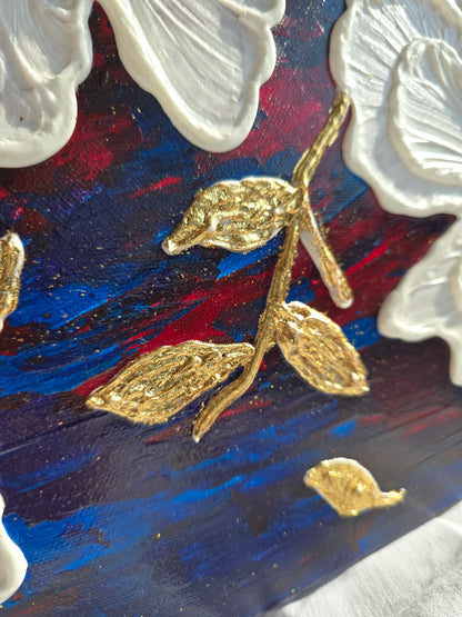 Textured White Flower Painting: Gold Leaf Accent, Blue Red Art (40x50cm)