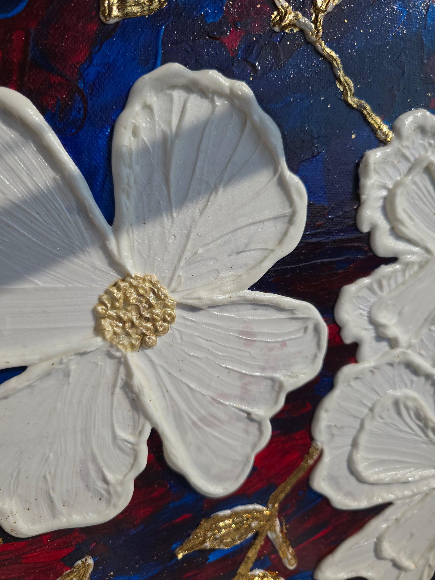 Textured White Flower Painting: Gold Leaf Accent, Blue Red Art (40x50cm)