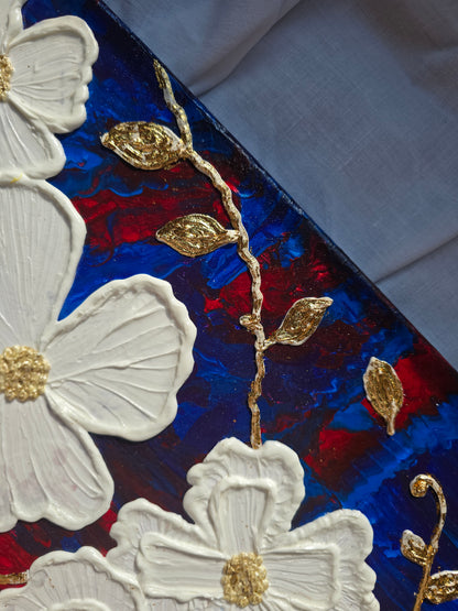 Textured White Flower Painting: Gold Leaf Accent, Blue Red Art (40x50cm)