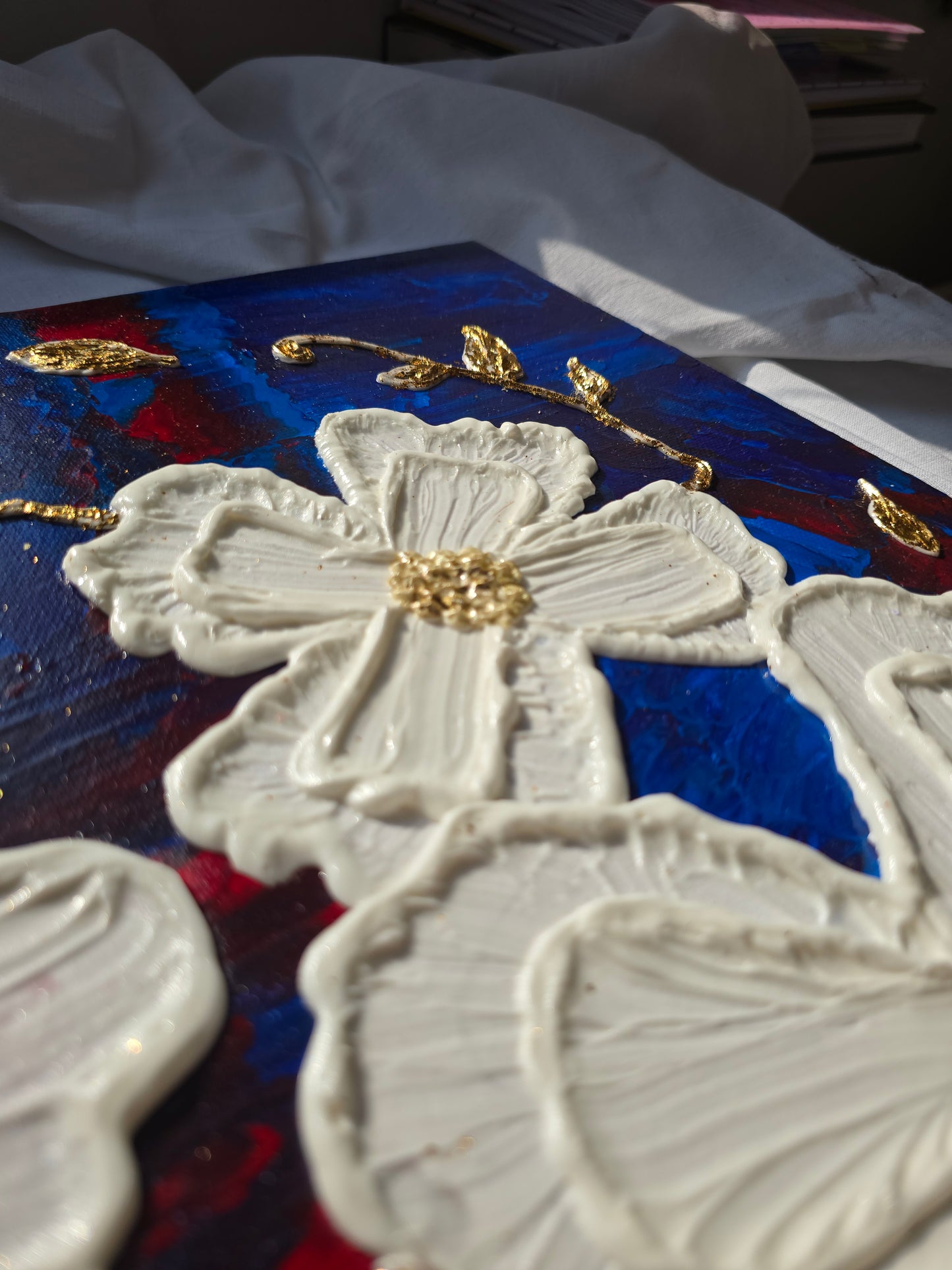 Textured White Flower Painting: Gold Leaf Accent, Blue Red Art (40x50cm)