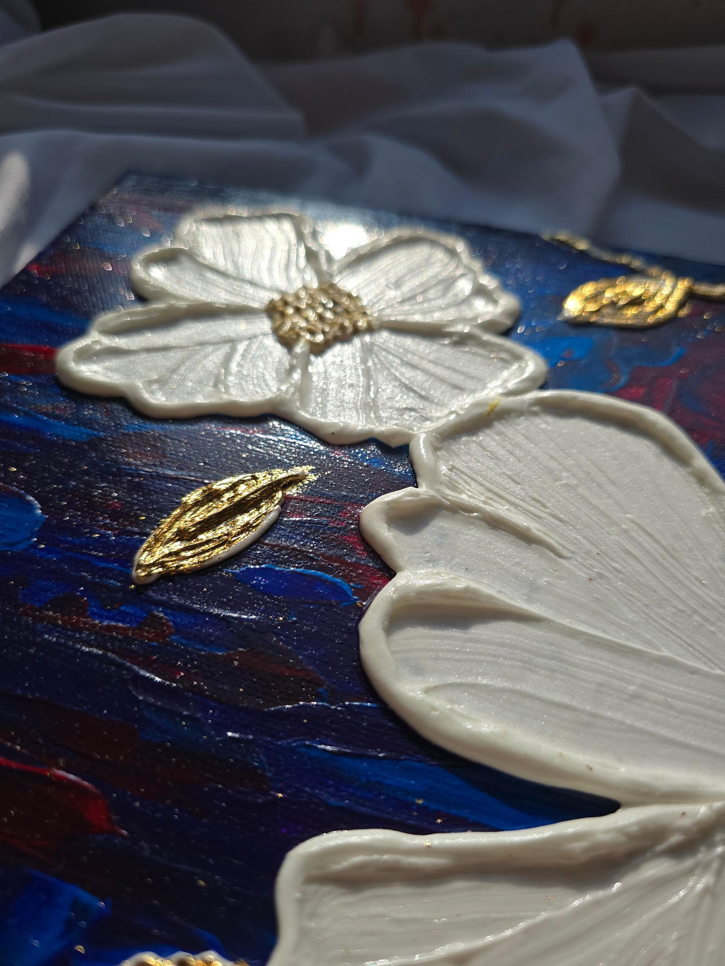 Textured White Flower Painting: Gold Leaf Accent, Blue Red Art (40x50cm)