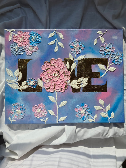 Handmade Acrylic 'Love' Painting: 3D Flowers, Gold Sunset (40x50cm)