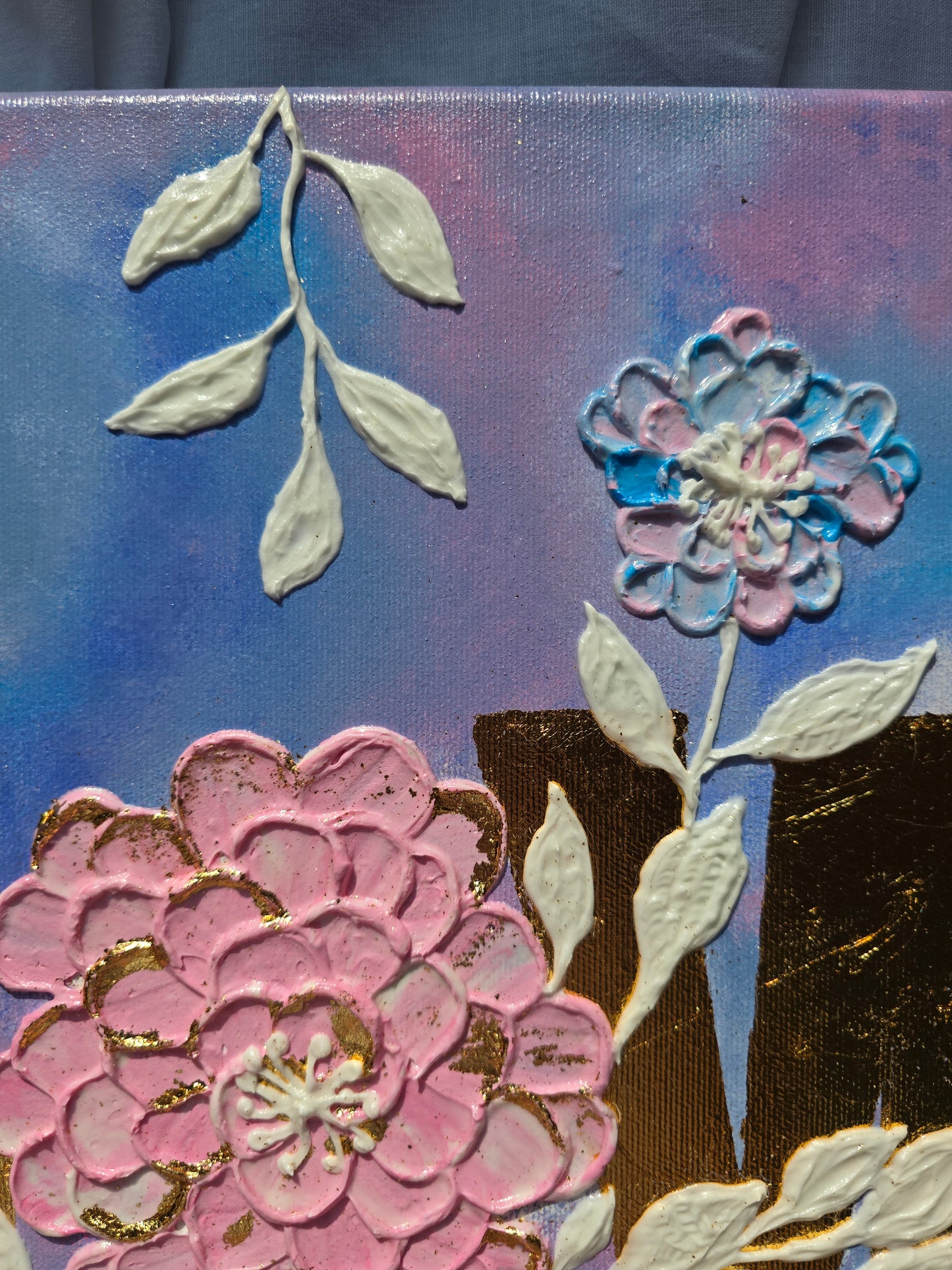 Handmade Acrylic 'Love' Painting: 3D Flowers, Gold Sunset (40x50cm)