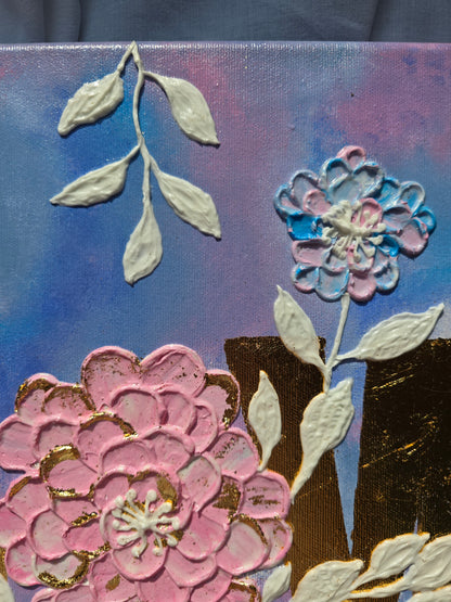 Handmade Acrylic 'Love' Painting: 3D Flowers, Gold Sunset (40x50cm)