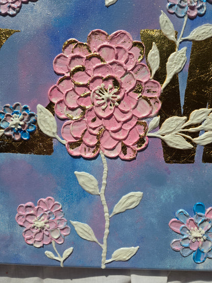 Handmade Acrylic 'Love' Painting: 3D Flowers, Gold Sunset (40x50cm)