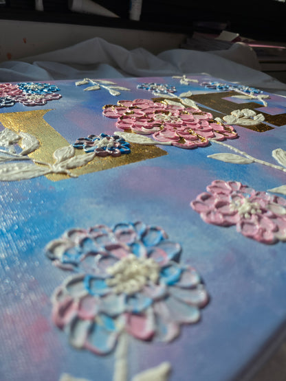 Handmade Acrylic 'Love' Painting: 3D Flowers, Gold Sunset (40x50cm)