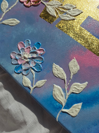 Handmade Acrylic 'Love' Painting: 3D Flowers, Gold Sunset (40x50cm)