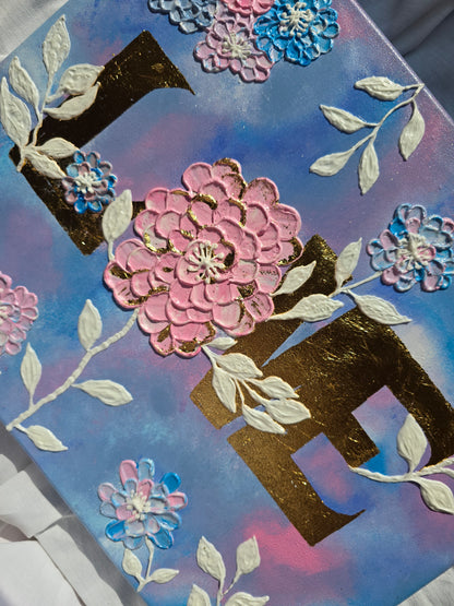 Handmade Acrylic 'Love' Painting: 3D Flowers, Gold Sunset (40x50cm)