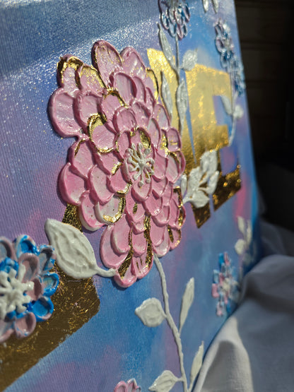 Handmade Acrylic 'Love' Painting: 3D Flowers, Gold Sunset (40x50cm)