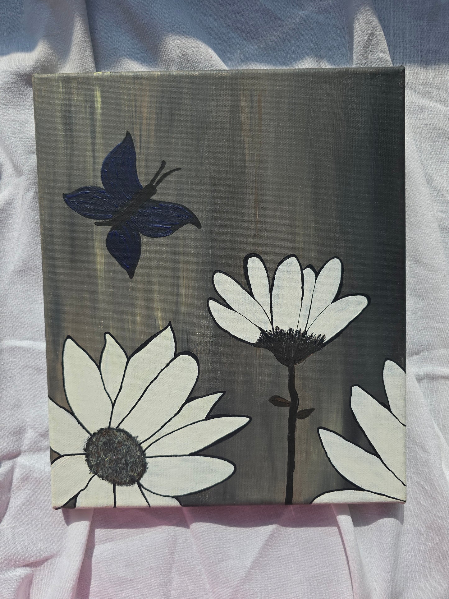 Floral Acrylic Painting: White Flowers, Black-Blue Butterfly on Canvas