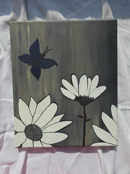 Floral Acrylic Painting: White Flowers, Black-Blue Butterfly on Canvas