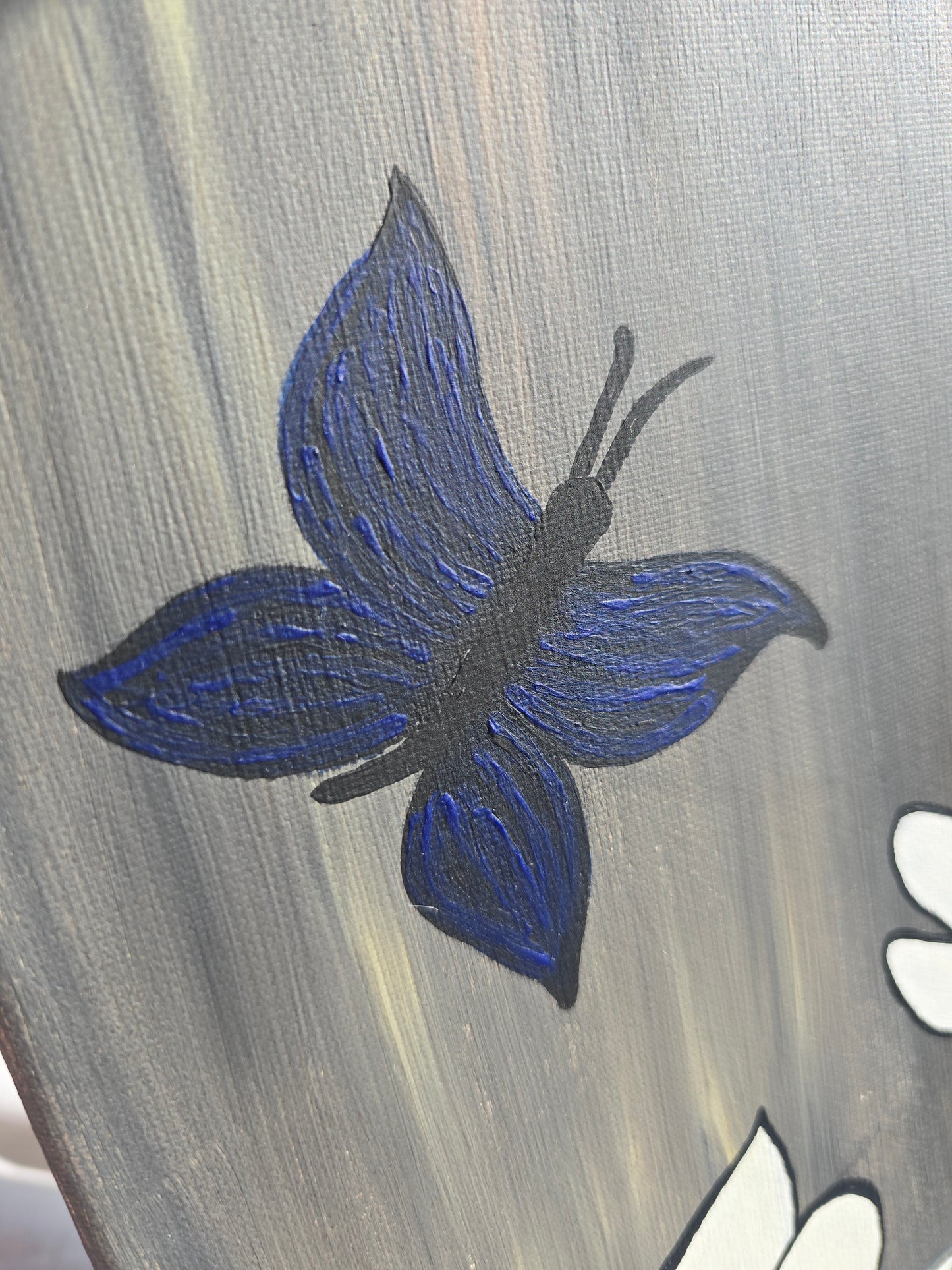Floral Acrylic Painting: White Flowers, Black-Blue Butterfly on Canvas