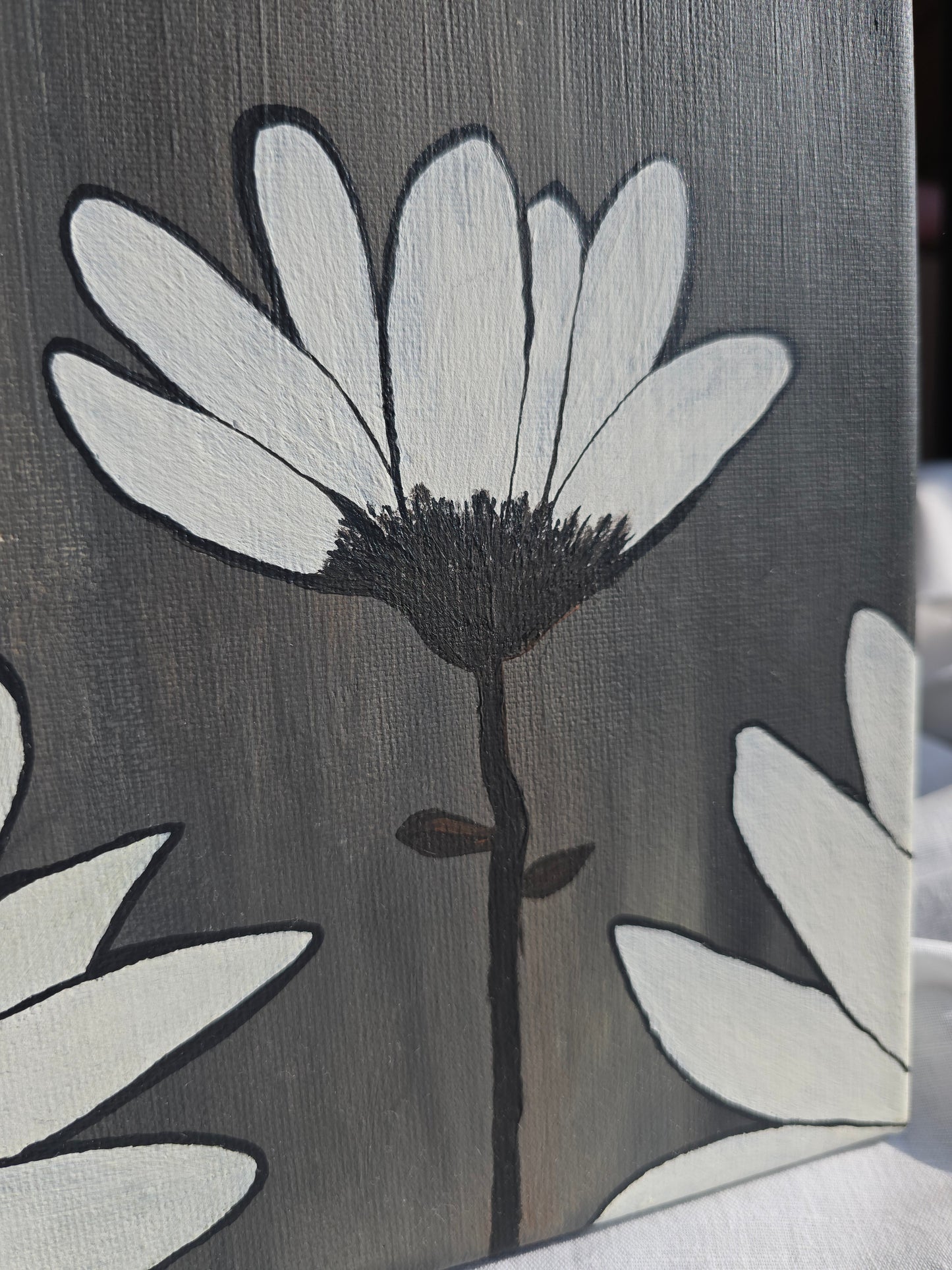 Floral Acrylic Painting: White Flowers, Black-Blue Butterfly on Canvas
