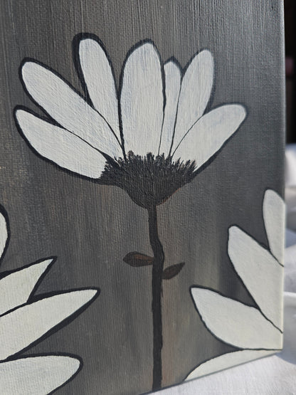 Floral Acrylic Painting: White Flowers, Black-Blue Butterfly on Canvas