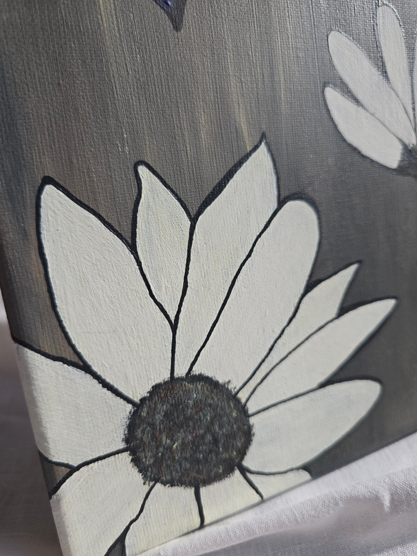 Floral Acrylic Painting: White Flowers, Black-Blue Butterfly on Canvas